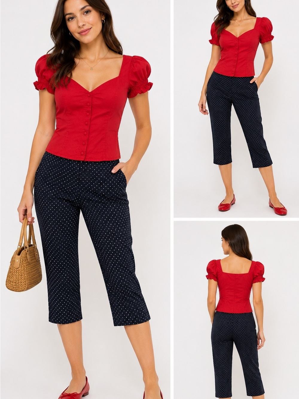 Collectif London Red Puff Sleeve Milkmaid Top XS Retro Pinup Coquette Blouse - Picture 2 of 4